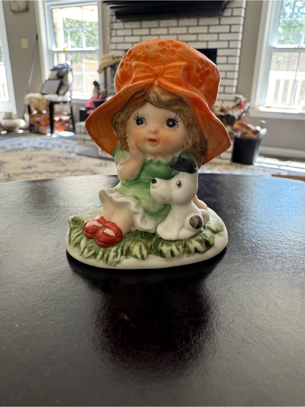 Vintage Hand-Painted Girl Figurine with Dog - Orange Hat, Green Dress